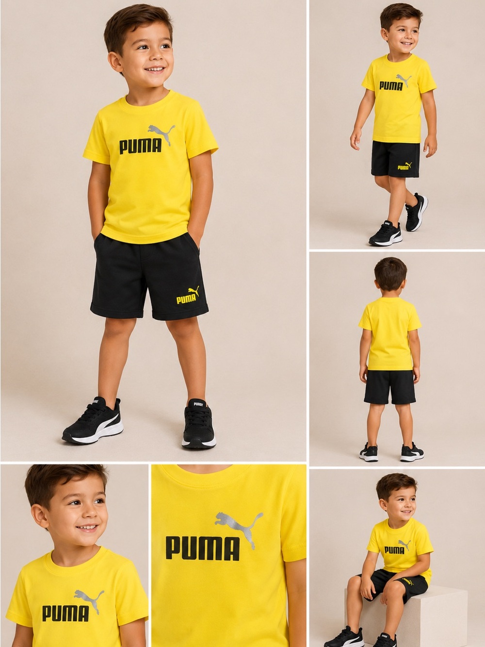 Puma Bright Yellow Tee and Black Logo Shorts Set